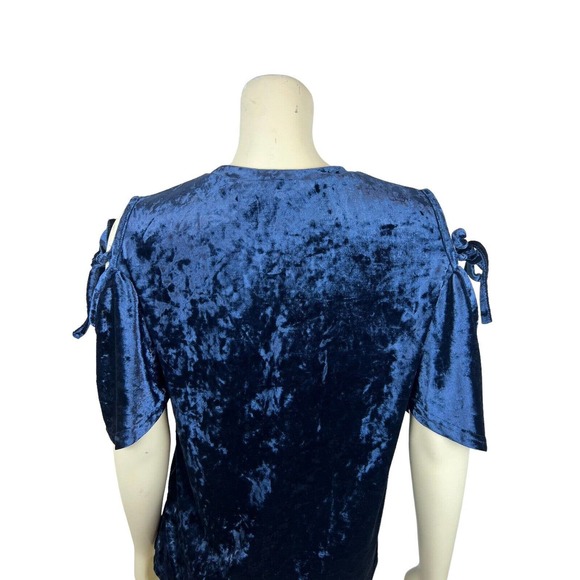 Vanessa Scott Blue Velvet Cold Shoulder Top S Tie Sleeve Open Shoulder Small - Picture 7 of 11